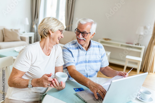 Senior couple smiling checking utility bills or insurance at computer with easy access  elderly users of technology