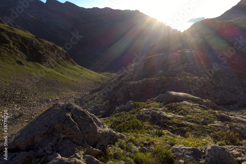 Sunrise over the mountain range. Kabardino-Balkarian natural reserve. Caucasus, Russia.