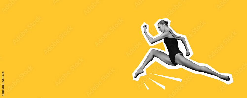 Ballerina jumping high, looks strong. Collage in magazine style with bright yellow background. Flyer with trendy colors, copyspace for ad. Discount, sales season, fashion and style concept. Ballerina jumping high, looks strong. Collage in magazine style with bright yellow background. Flyer with trendy colors, copyspace for ad. Discount, sales season, fashion and style concept.