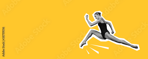 Ballerina jumping high, looks strong. Collage in magazine style with bright yellow background. Flyer with trendy colors, copyspace for ad. Discount, sales season, fashion and style concept.