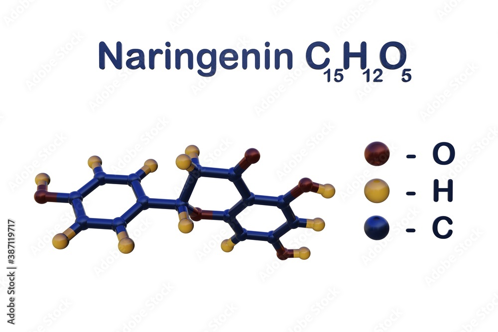 Structural chemical formula and molecular model of naringenin, a bitter tasting compound that