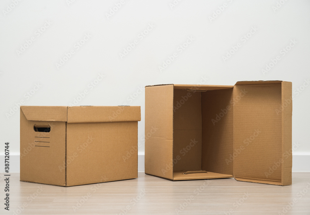 Box parcel cardboard mock up on blank space white background.