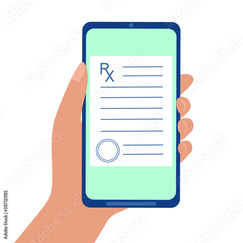 Medical prescription online. Hand holding smartphone with rx blank on screen. Telemedicine, telehealth, online medical service concept. Vector flat illustration
