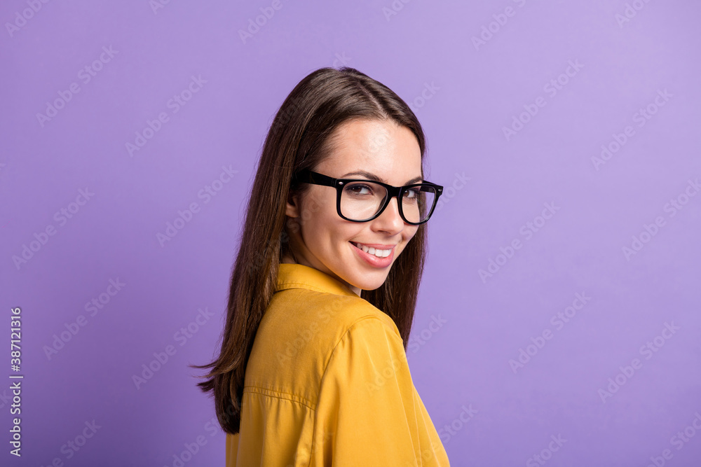 Profile photo of young lady look camera space wear spectacles yellow shirt isolated violet color background
