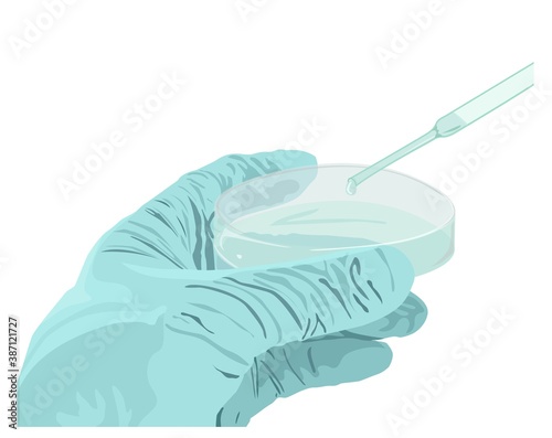 picture of human hand in blue glove holding pipette flat style illustration