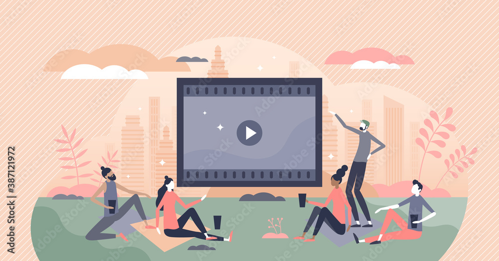 Movies watching outdoors in park or garden with friends tiny person concept