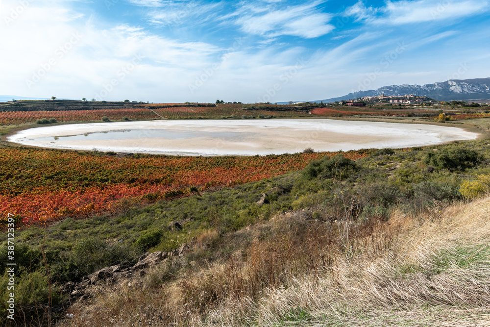 Vineyard and Carralogroño lake in autumn with Laguardia town as background, Rioja Alavesa, Spain Vineyard and Carralogroño lake in autumn with Laguardia town as background, Rioja Alavesa, Spain