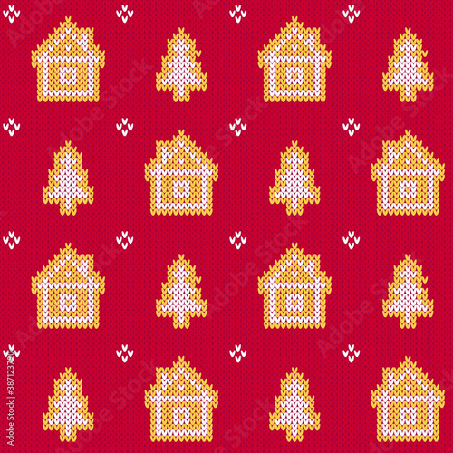 Christmas sweater winter cabins and christmas trees seamless pattern.
