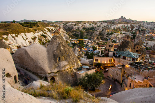 Goreme Town night view from hill in Cappadocia Region Of Turkey.
