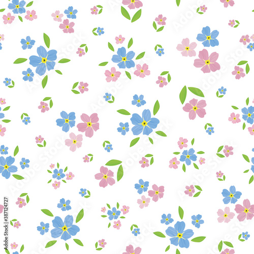 Forget-Me-Not floral seamless vector pattern background. Beautiful backdrop of painterly watercolor effect groups of pink blue mysotis flowers. Hand drawn botanical design. All over print for spring