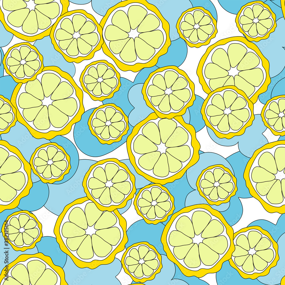 Seamless pattern with slice lemon, blue spots.