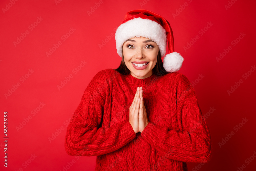 Close-up portrait of her she nice attractive pretty cheerful cheery girl asking newyear gift fairy isolated over bright vivid shine vibrant red color background