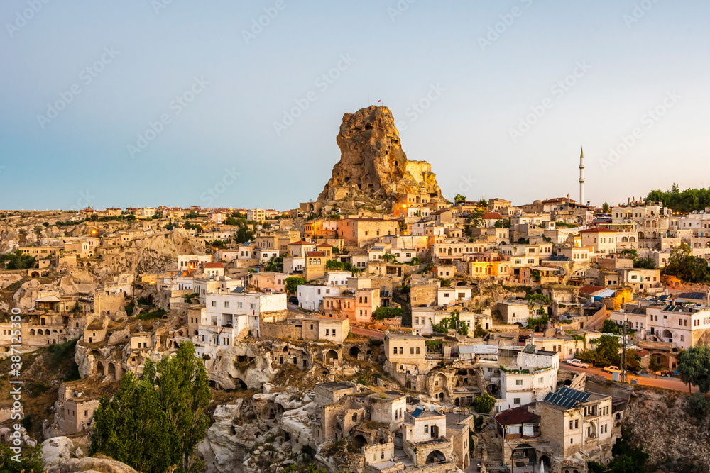 Ortahisar Village view in Cappadocia during sunrise.
