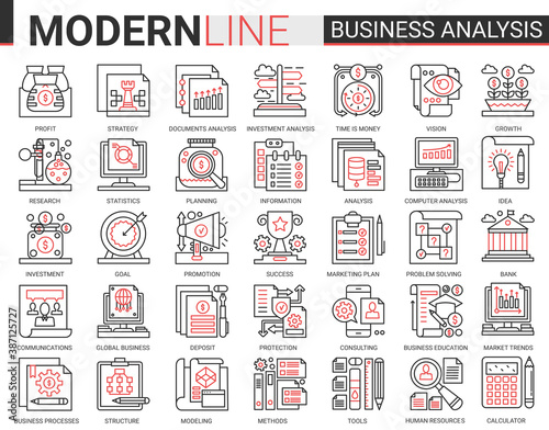 Business analytics concept complex thin red black line icons vector set, businessman analyst tools, digital analyzing stock market information, consulting strategy outline web symbols collection
