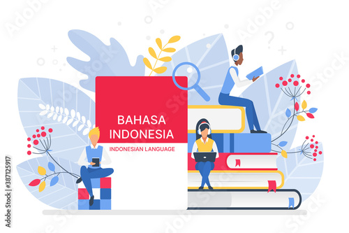 Online Indonesian language courses flat illustration. Distance education, remote school, Indonesia university. Language Internet class, e learning, Students reading books. Teaching foreign languages