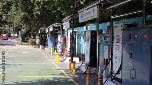New Delhi / India - Oct 8 2020: Drivers Electric Car charging station, this Charging stations around government offices have been used by government fleet vehicles. EESL ENERGY EFFICIENCY SERVICES