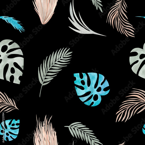 Seamless pattern Boho Tropical elements leaf palm grass Watercolor hand painted natural dried elements on a black background