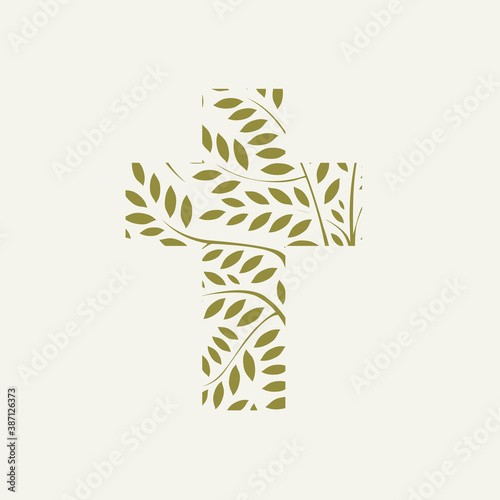 Concept of a Christian cross decorated with leaves and branches on a light background. Vector illustration, religious sign, icon, logo, emblem, design element. photo