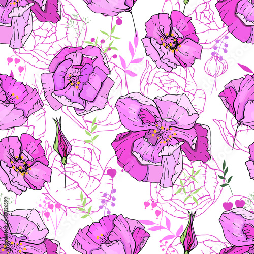 Seamless pattern with pink roses. Endless texture for floral design.