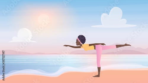 Yoga asana sport activity in nature beach landscape vector illustration. Cartoon yogist female character doing warrior pose virabhadrasana, woman in sportswear exercising, practicing yoga background