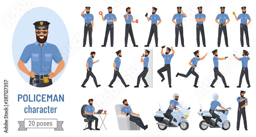 Policeman poses vector illustration set. Cartoon bearded professional police officer character in various action with emotions, cop in uniform posing and running, standing or walking isolated on white