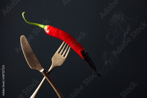 Hot chili red pepper smoking on a fork. Spice concept.