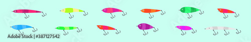 Set of fishing lure cartoon icon design template with various models. vector illustration isolated on blue background