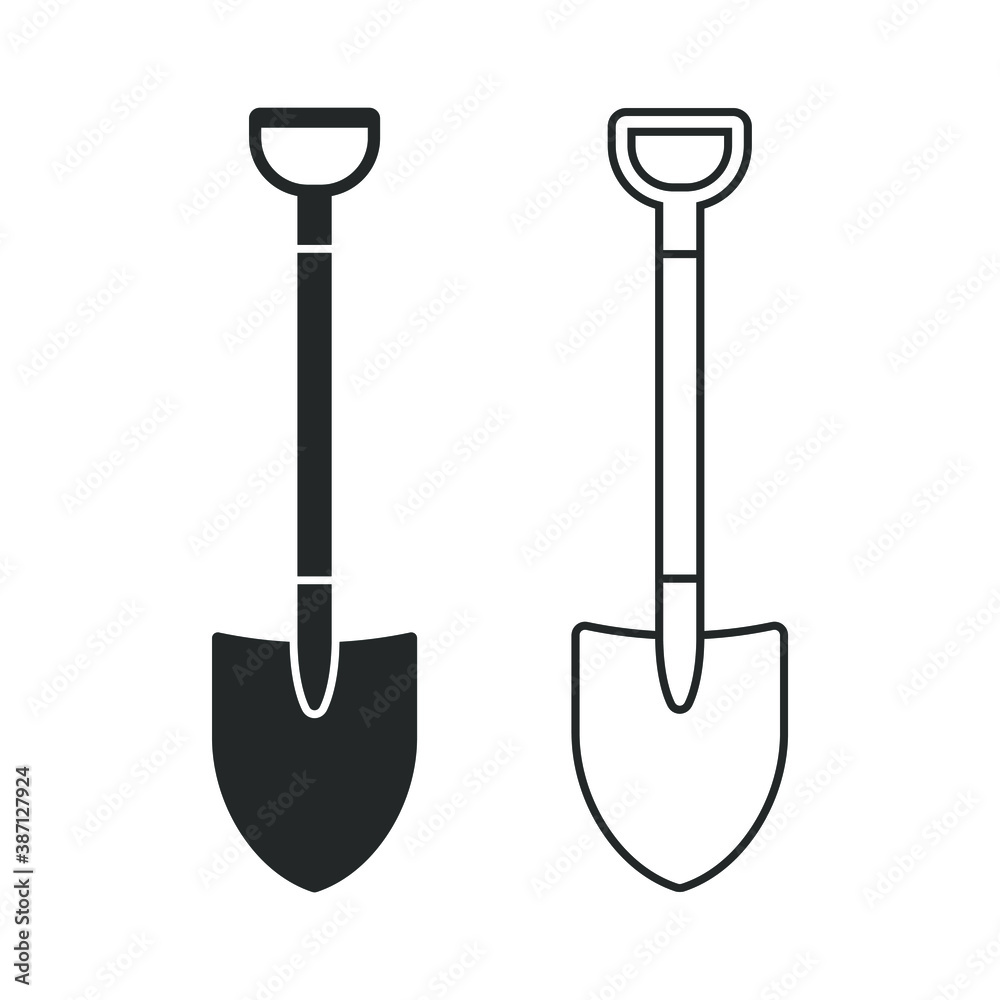 Shovel shape vector icon. Spade symbol. Cartoon industrial tool logo sign. Silhouette isolated on white background. Shovel shape vector icon. Spade symbol. Cartoon industrial tool logo sign. Silhouette isolated on white background.
