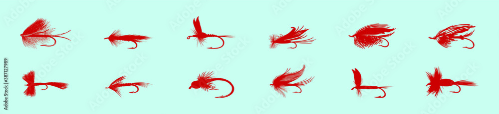Set of fly fishing flies cartoon icon design template with various ...