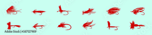 Set of fly fishing flies cartoon icon design template with various models. vector illustration isolated on blue background