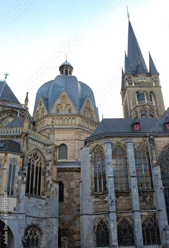 Aachen / Germany - December 28, 2019: The Aachen Cathedral is a Roman Catholic church and the see of the Diocese of Aachen. It was constructed by order of the emperor Charlemagne.