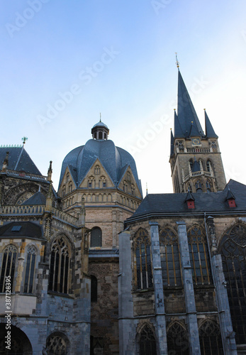 Aachen / Germany - December 28, 2019: The Aachen Cathedral is a Roman Catholic church and the see of the Diocese of Aachen. It was constructed by order of the emperor Charlemagne.