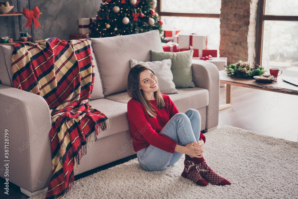 Obraz premium Photo of charming woman sit carpet couch look up embrace legs wear red pullover socks jeans in decorated x-mas living room indoors