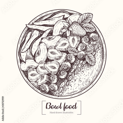 Bowl food. Plate with berries and fruits, healthy breakfast, superfood. Healthy recipe. Acai bowl. Vector Hand Drawn. Sketch Illustration. Porridge, flakes, mint, coconut, blueberries, strawberry