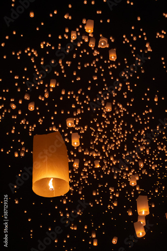 Tourist floating sky lanterns in Loy Krathong festival , Chiang Mai ,Thailand. © toa555
