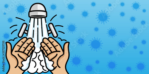 Hand washing and disinfection against viruses on a blue background.