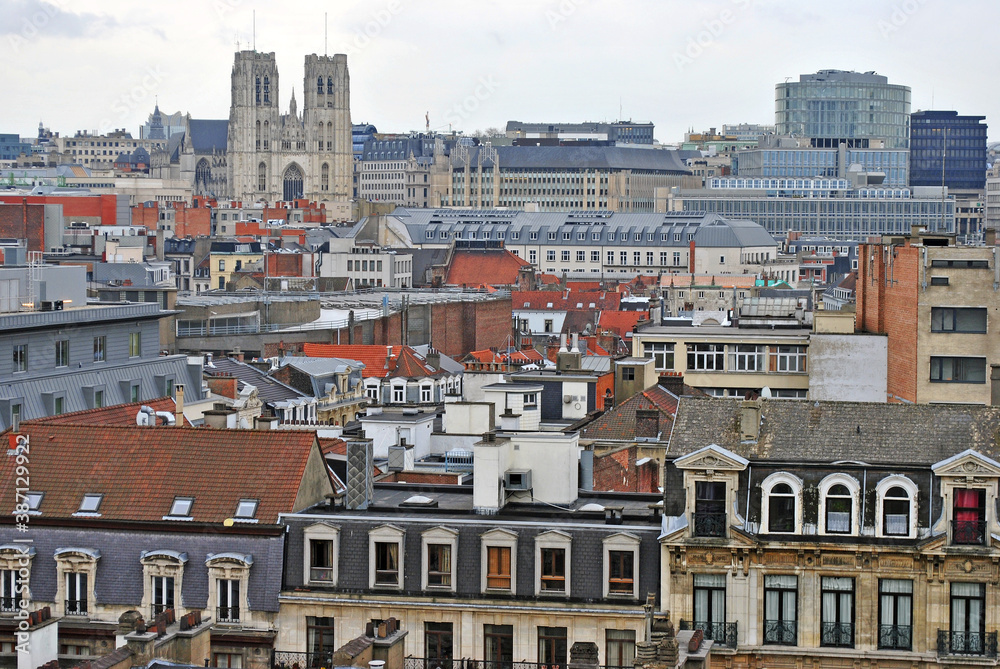 Houses and roofs of Brussels. City view on a cloudy day