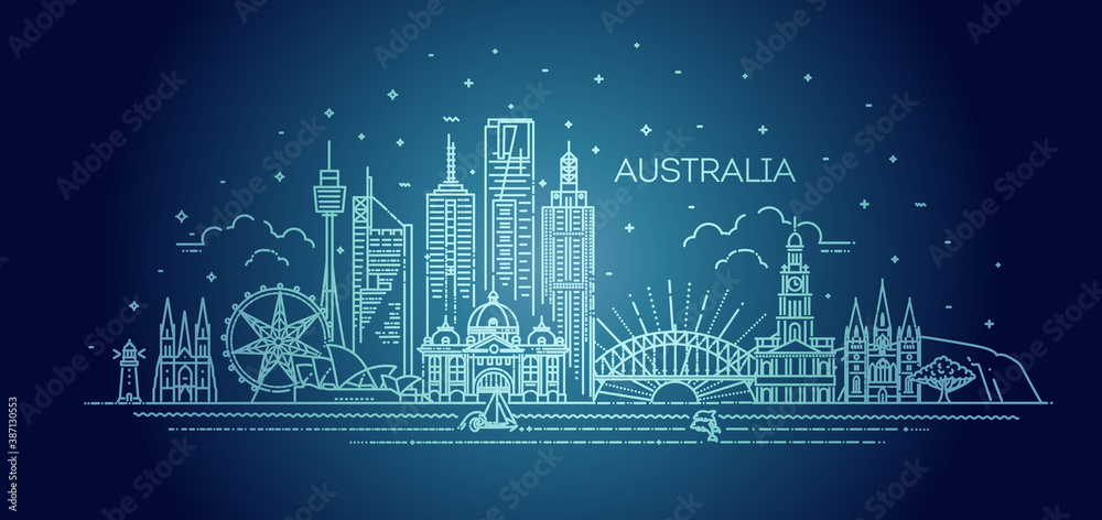 Australia architecture line skyline illustration. Linear vector cityscape with famous landmarks