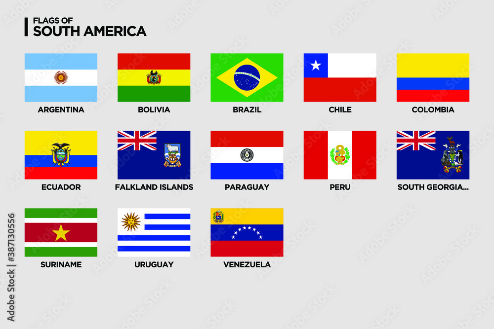 Vector flags of South America with country names. Vector illustration on grey background