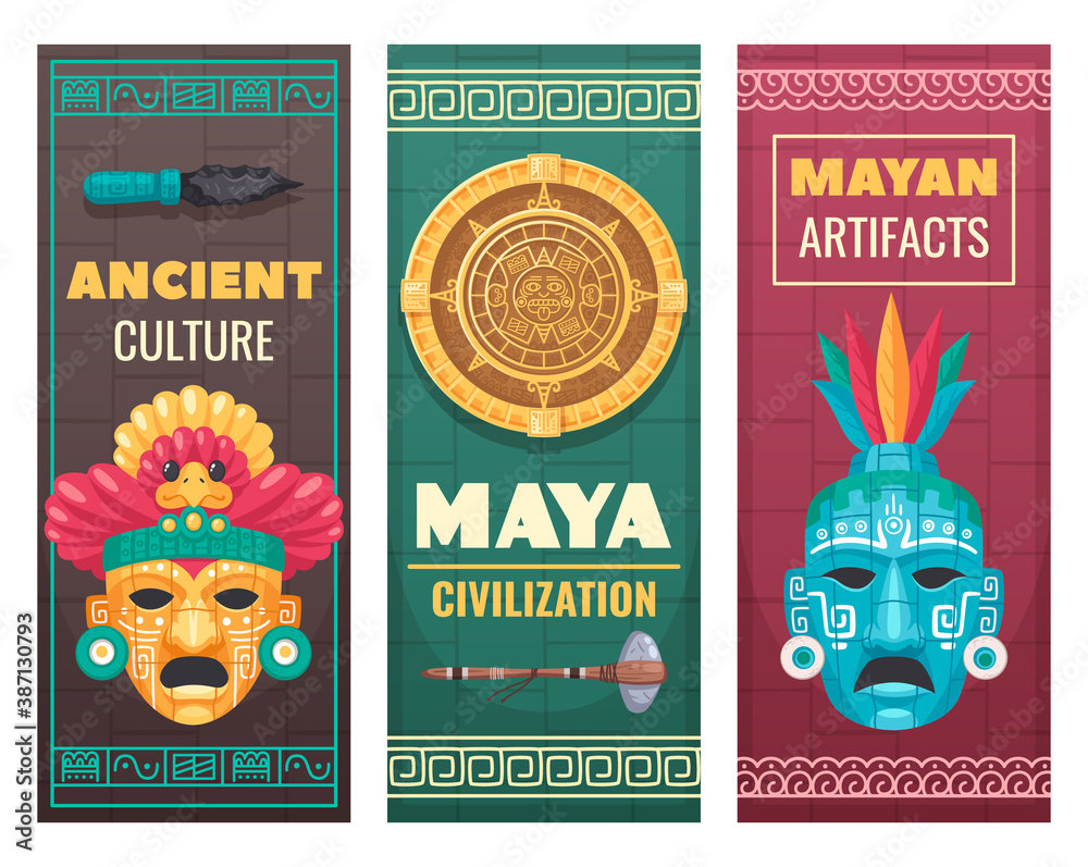 Maya Civilization Cartoon Banners  - obrazy, fototapety, plakaty 