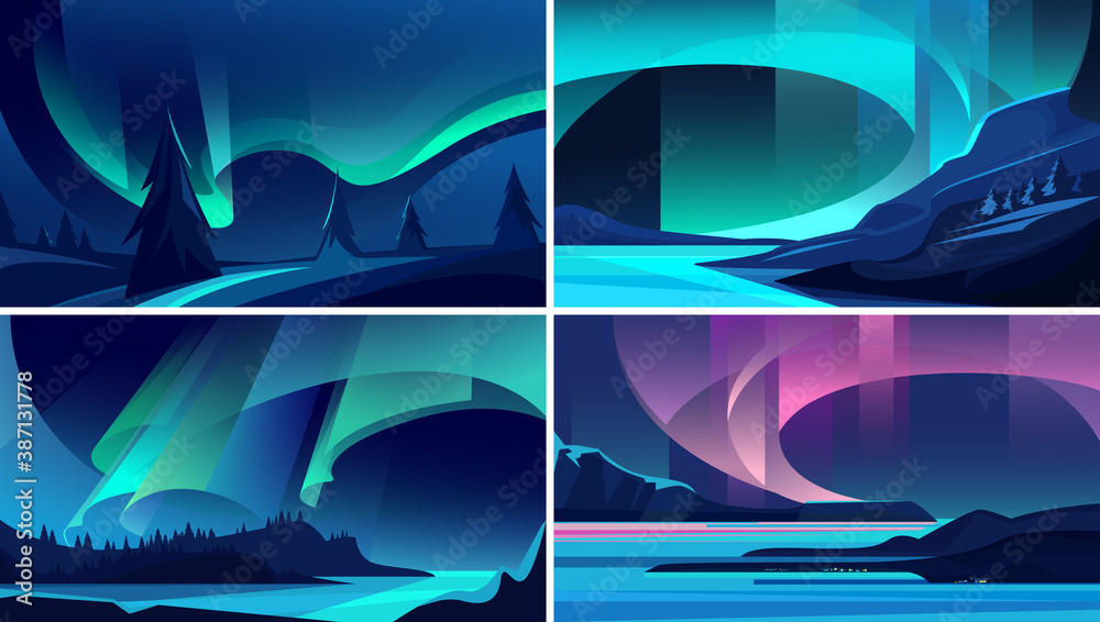 Illustrations of aurora borealis. Beautiful nature landscapes. - obrazy, fototapety, plakaty 