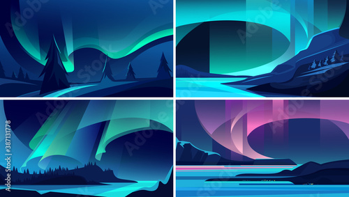 Illustrations of aurora borealis. Beautiful nature landscapes. photo