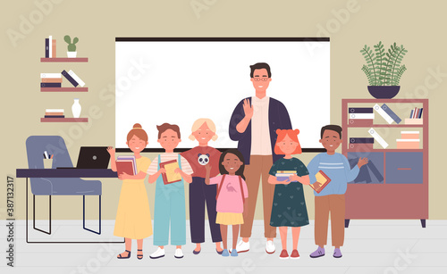 Teacher standing with kids school pupils vector illustration. Cartoon man character teaching group of children classmates, stand together at blackboard in classroom interior, education background