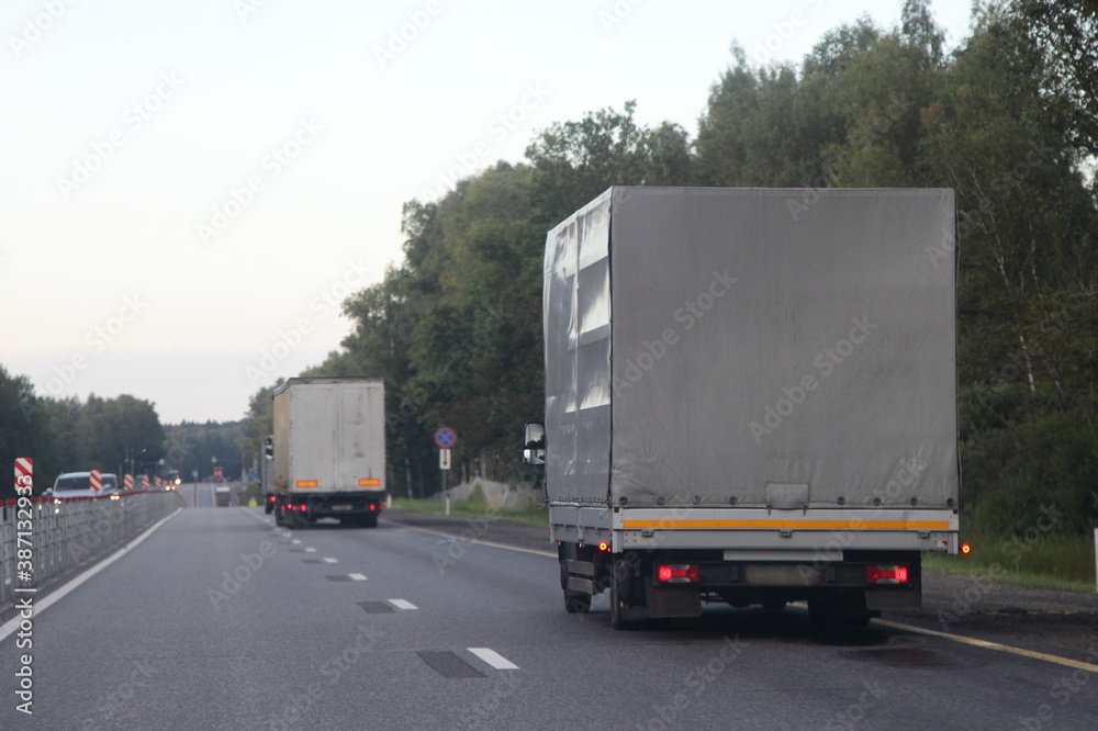 European trucks with gray awning van drive on two lane suburban asphalted highway road at summer evening, rear view on forest and sky background, transportation logistics