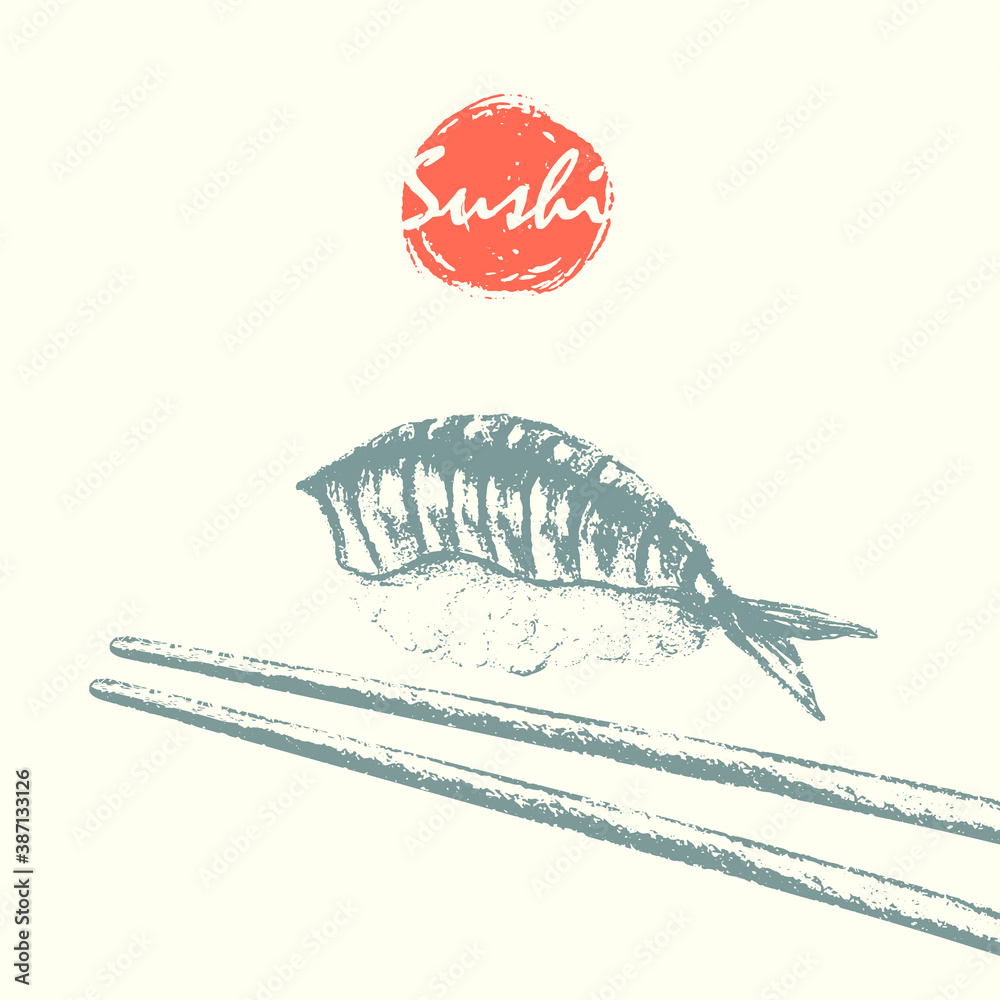 Sushi and chopsticks sketch background.