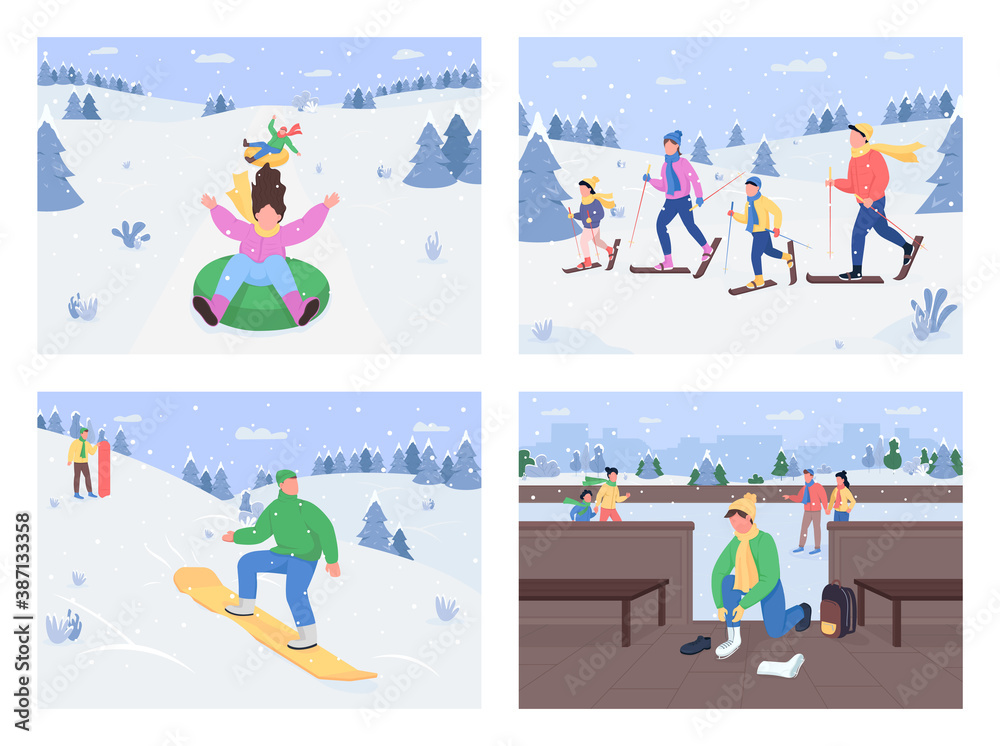 Winter fun activities flat color vector illustration set. Riding on inflatable ring. Mountain family skiing and snowboarding. Ice skating 2D cartoon characters with winter on background collection