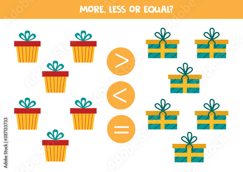 More, less or equal with cartoon gift boxes. Educational math game for kids.