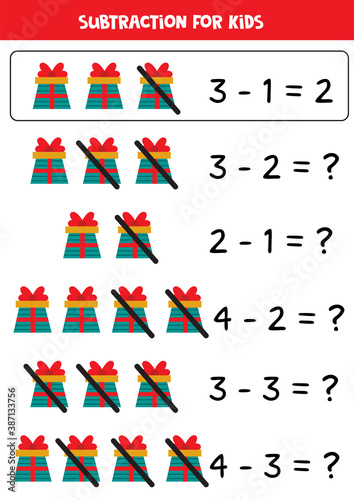 Subtraction with cartoon Christmas presents. Educational math game for kids.