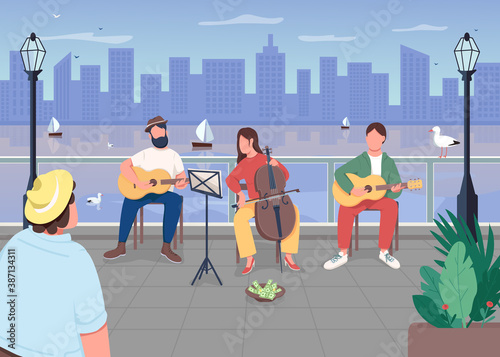 Canvas Print Music band in city flat color vector illustration