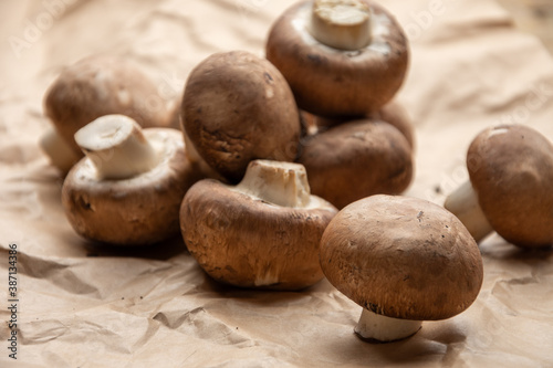 Close-up of portobello mushrooms on brown paper with selective focus, backlight, horizontal